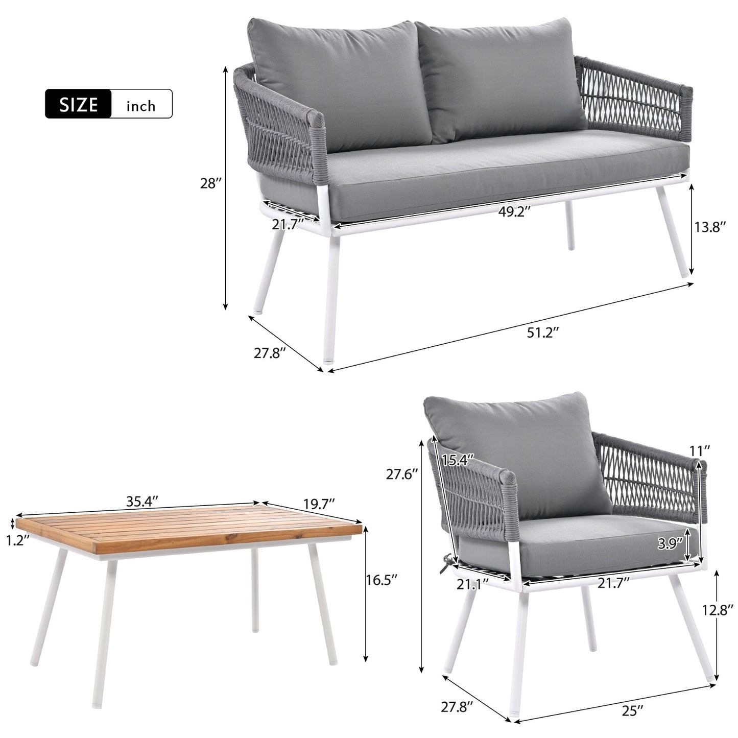K&K 4-Piece Boho Rope Patio Furniture Set, Outdoor Furniture With Acacia Wood Table, Patio Conversat - Sluxe Global