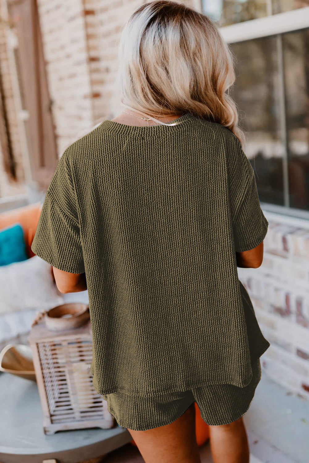 Orange Ribbed Textured Loose Fit Tee & Shorts Set - Sluxe Fashions