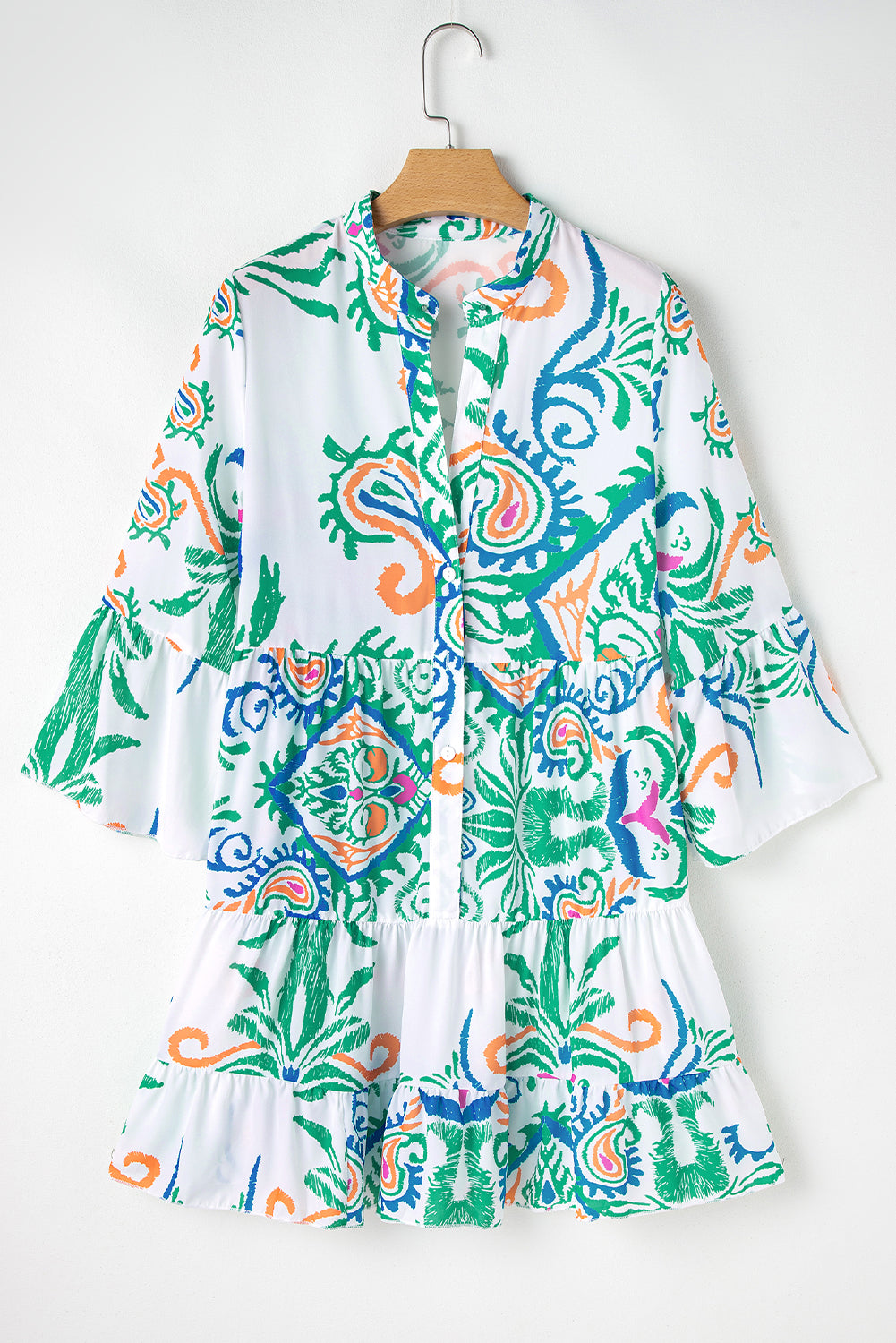 White Ethnic Print Boho Button Tiered Mini Dress - Sluxe Fashions