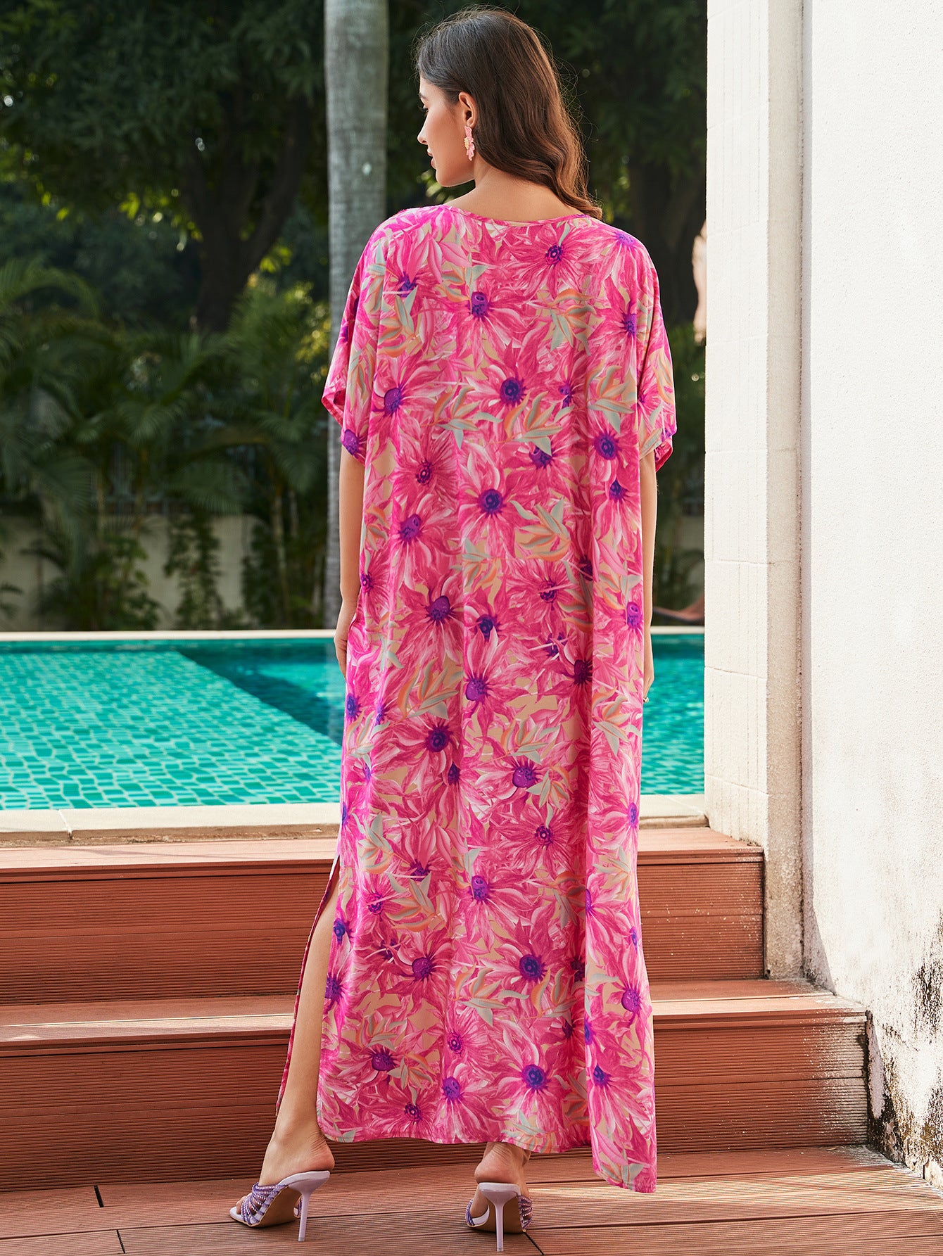 Rayon Rose Red Embroidered Beach Dress Outer Wear - Sluxe Fashions