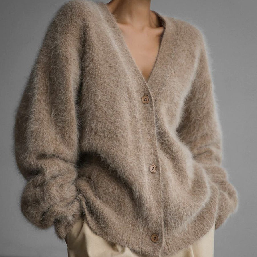 Loose V-neck Button Cardigan Fall Winter Fashion Single Breasted Knitted Sweater Top Women's Clothing - Sluxe Fashions