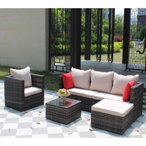 Rattan Patio Furniture Set Wicker Sofa Cushioned Sectional Furniture Set Garden Patio Sofa Set 4 Pieces, Brown - Sluxe Global