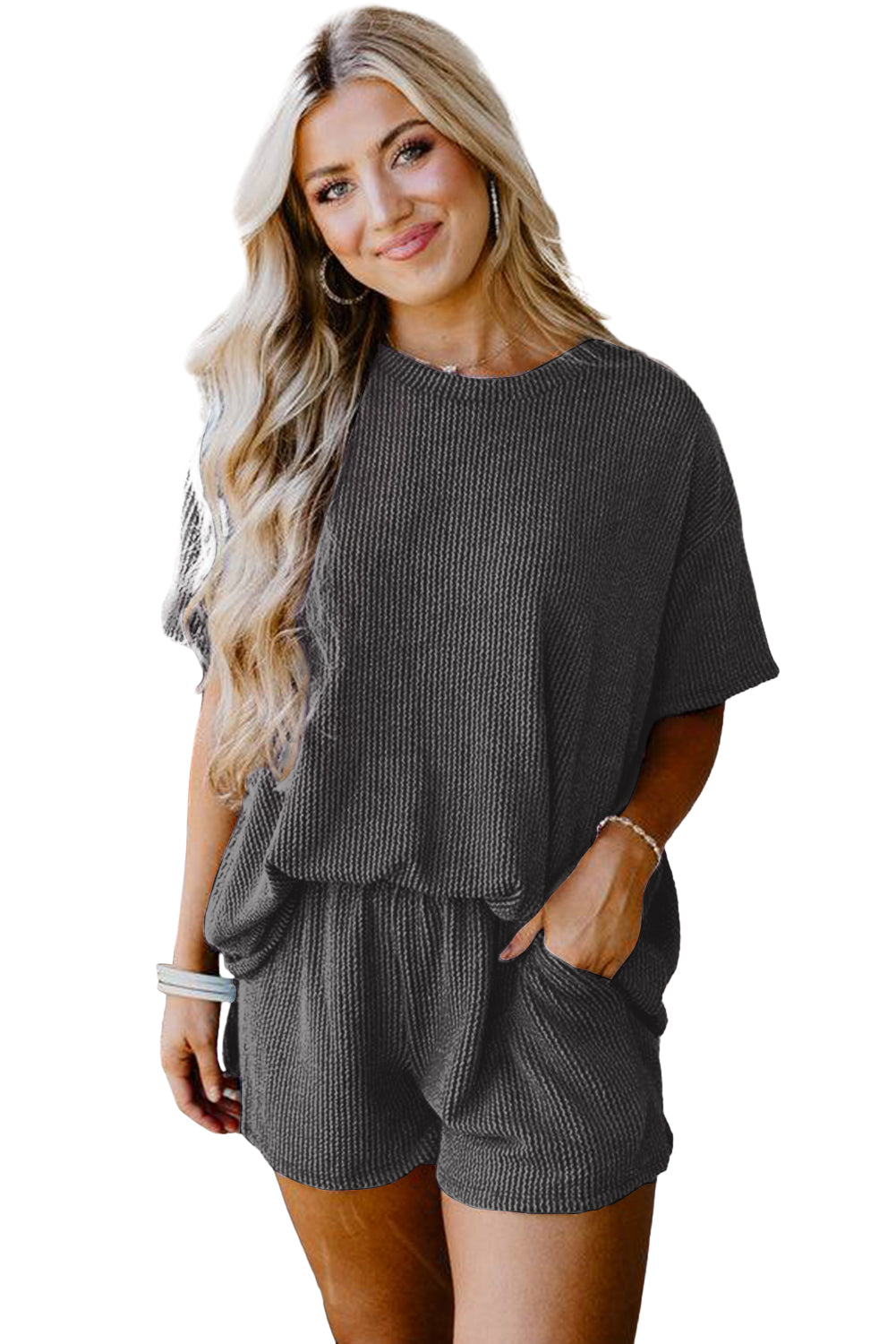 Orange Ribbed Textured Loose Fit Tee & Shorts Set - Sluxe Fashions