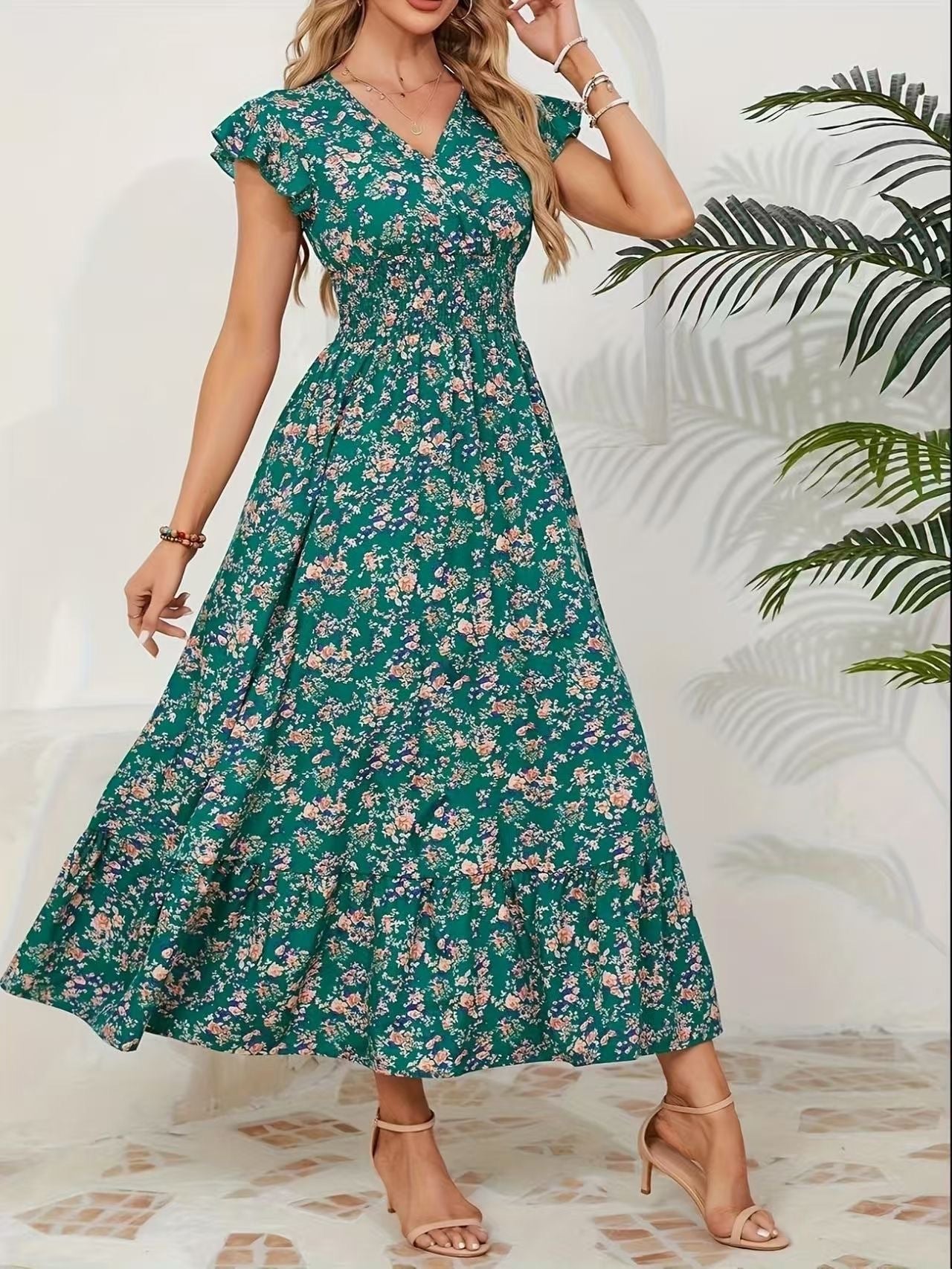 Fashion Floral Long Sleeve Waist Swing Dress - Sluxe Global