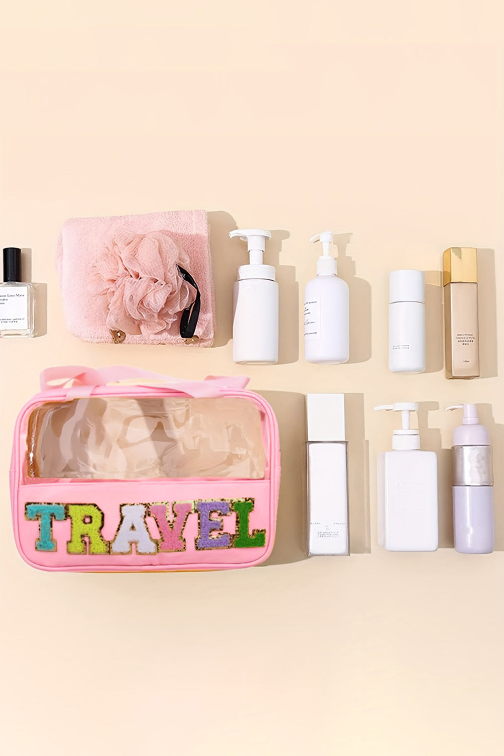 Black TRAVEL Chenille Letter Clear PVC Makeup Bag - Sluxe Fashions