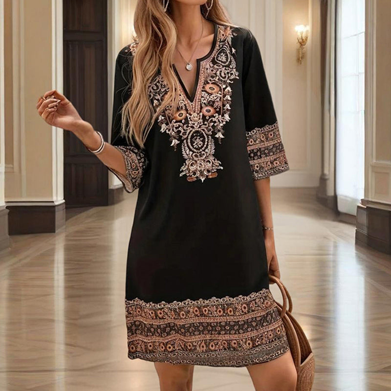 Women's V-Neck Middle Eastern Style Floral Print Midi Dress - Elegant Sleeve Design Lightweight Perfect For Spring&Summer Vacation & Daily Wear - Sluxe Global