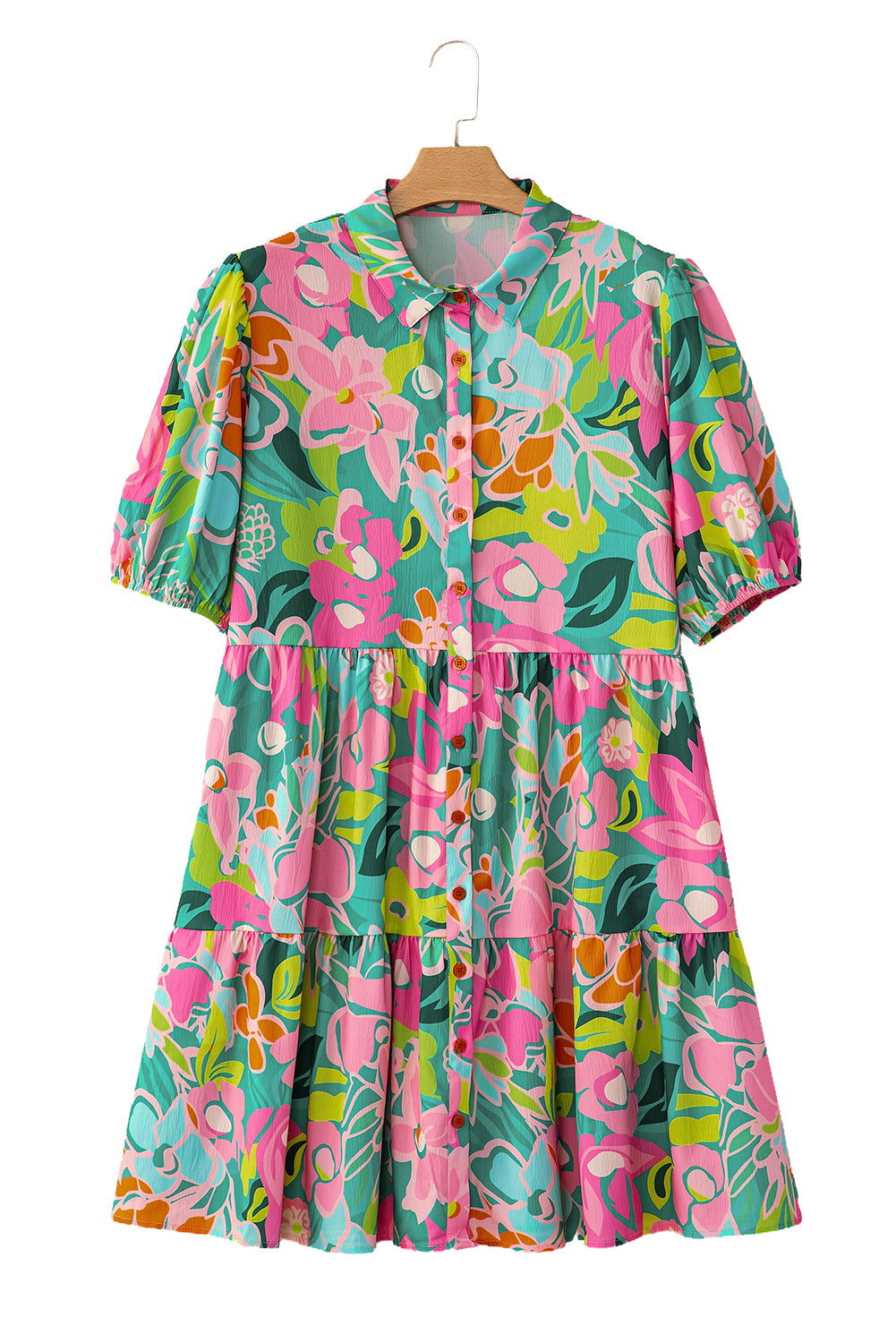 Green Floral Puff Sleeve Buttoned Babydoll Dress - Sluxe Fashions
