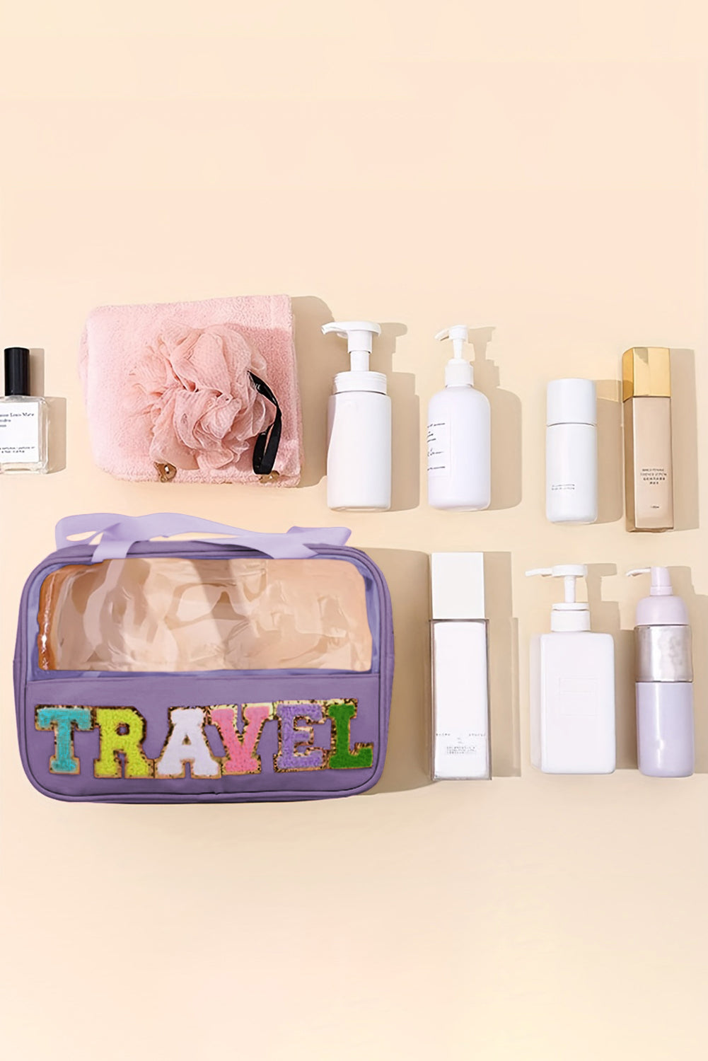 Black TRAVEL Chenille Letter Clear PVC Makeup Bag - Sluxe Fashions