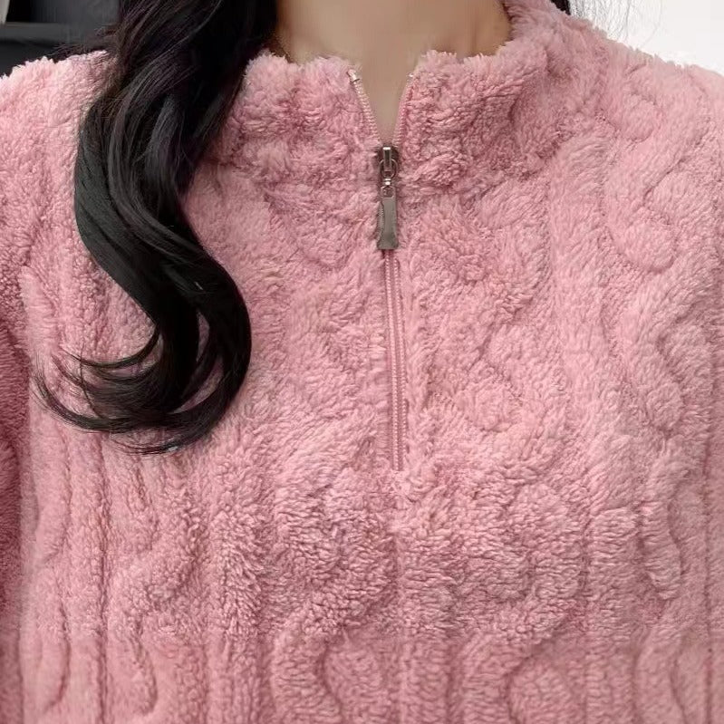 Autumn And Winter New Twist Zipper Couple Fleece-lined Thick Coral Fleece Pajamas Homewear Loungewear Sleepwear For Sleeping - Sluxe Fashions