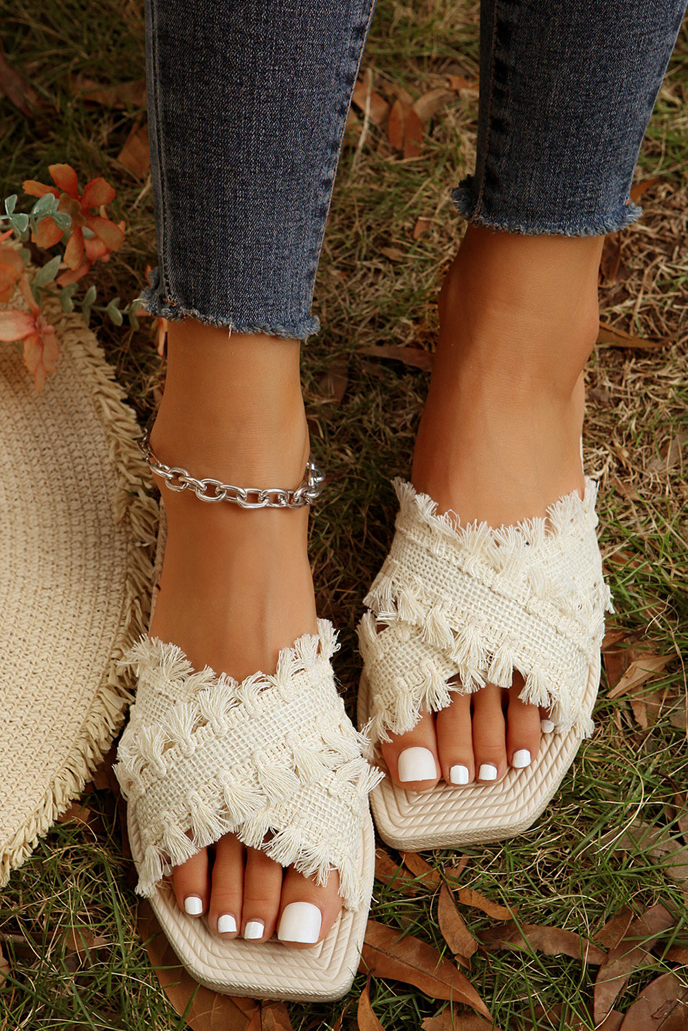 Beige Tassel Woven Crossed Straps Flat Slides Shoes - Sluxe Fashions