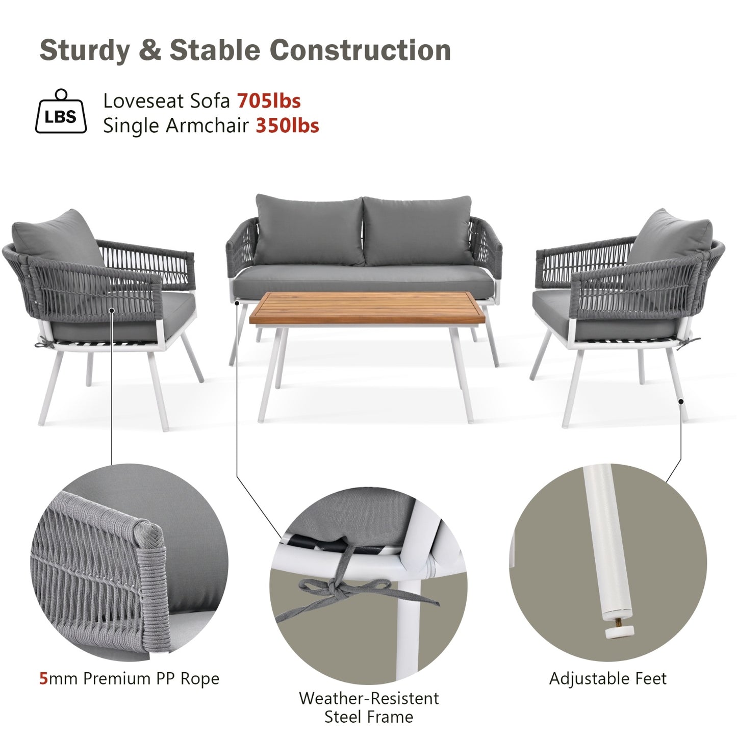 K&K 4-Piece Boho Rope Patio Furniture Set, Outdoor Furniture With Acacia Wood Table, Patio Conversat - Sluxe Global