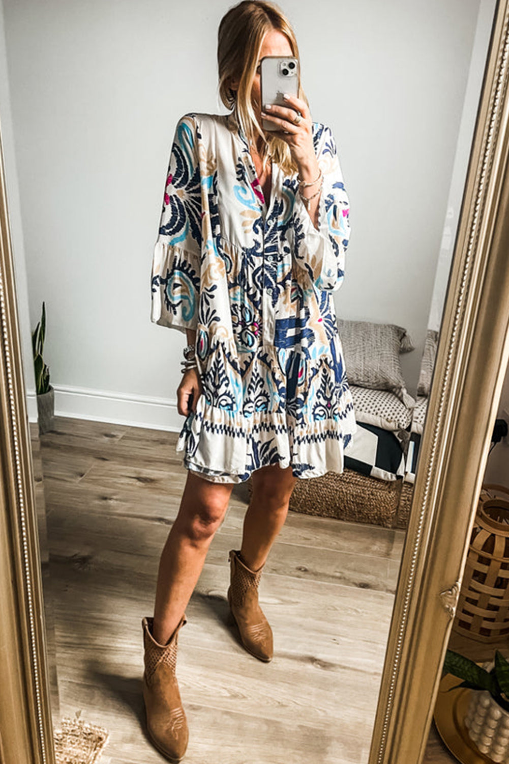 White Ethnic Print Boho Button Tiered Mini Dress - Sluxe Fashions