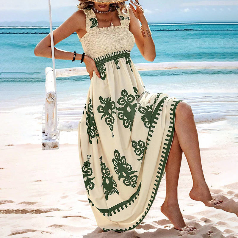 Women's Wide Strap Printed Maxi Dress With Bust Pleats, A-Line Vacation Dress - Sluxe Global