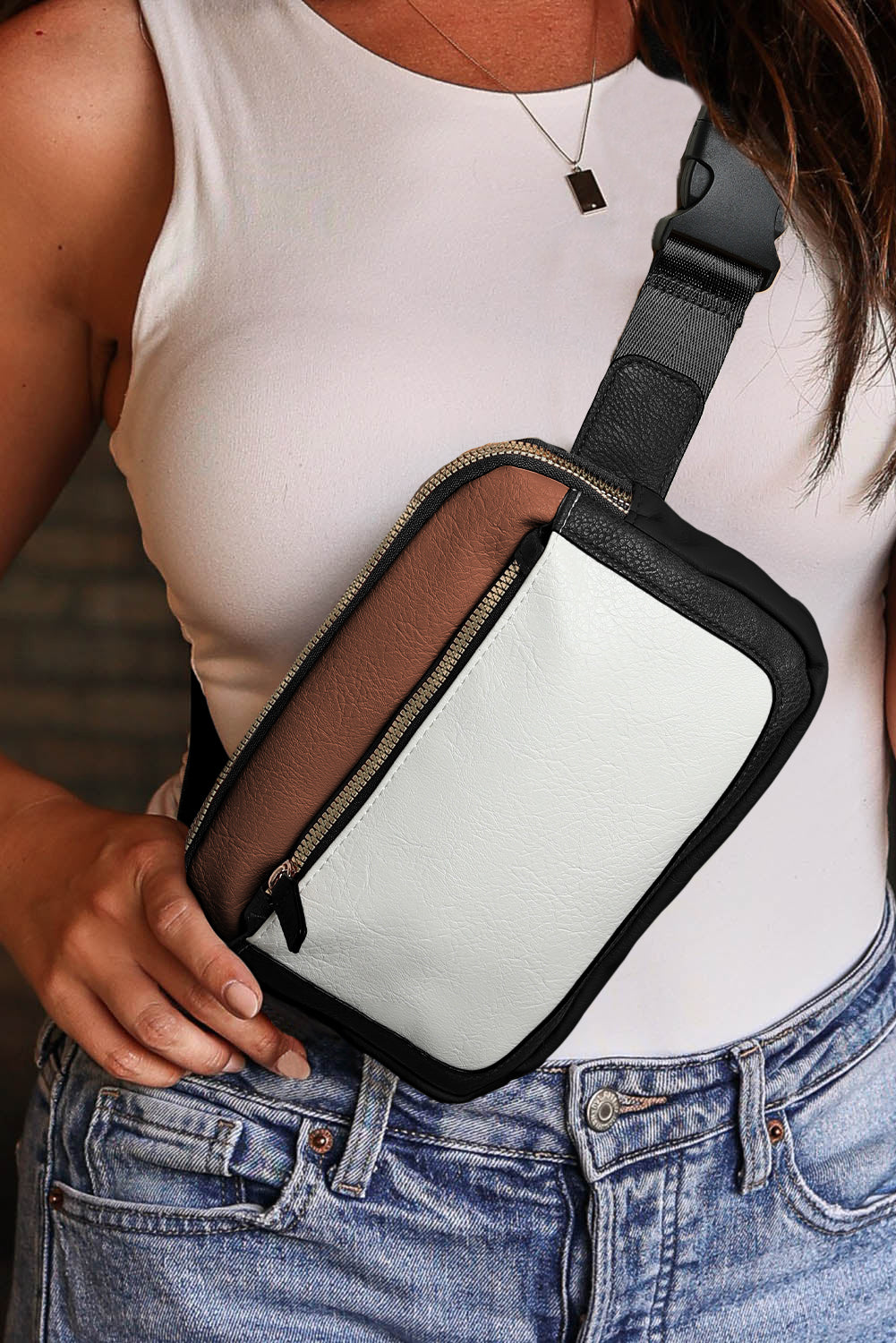 White Color Block Adjustable Belt PU Leather Crossbody Bag - Sluxe Fashions