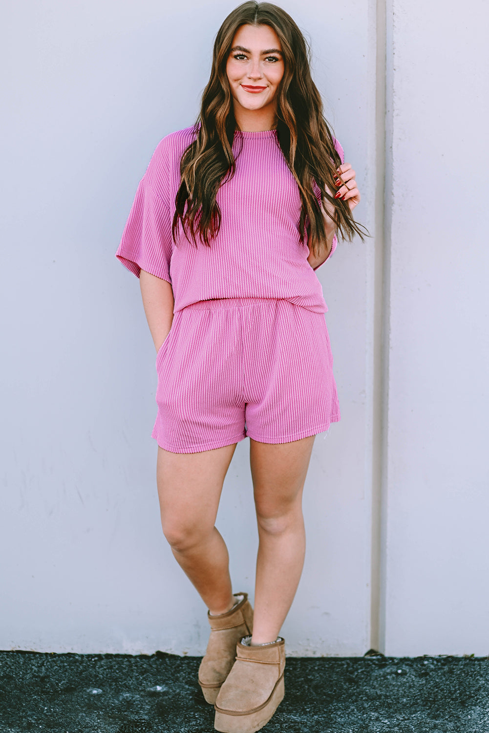 Orange Ribbed Textured Loose Fit Tee & Shorts Set - Sluxe Fashions