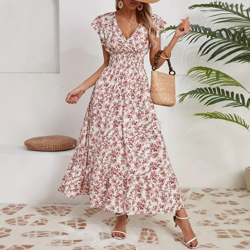 Fashion Floral Long Sleeve Waist Swing Dress - Sluxe Global