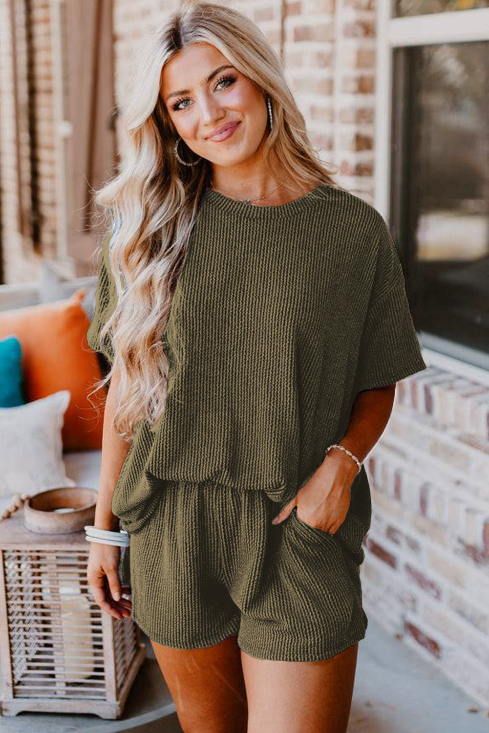 Orange Ribbed Textured Loose Fit Tee & Shorts Set - Sluxe Fashions