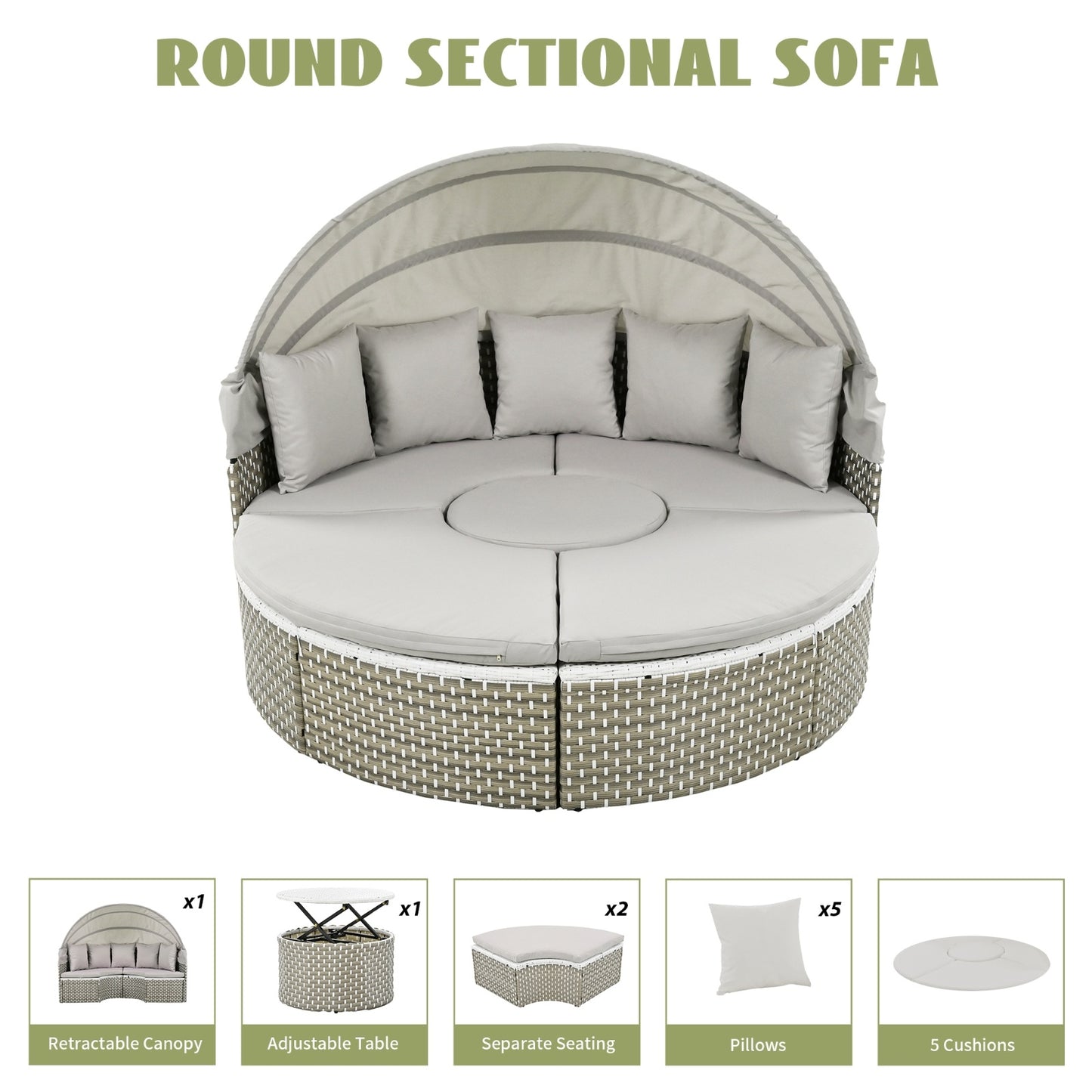 TOPMAX Patio Furniture Round Outdoor Sectional Sofa Set Rattan Daybed Two-Tone Weave Sunbed With Ret - Sluxe Global