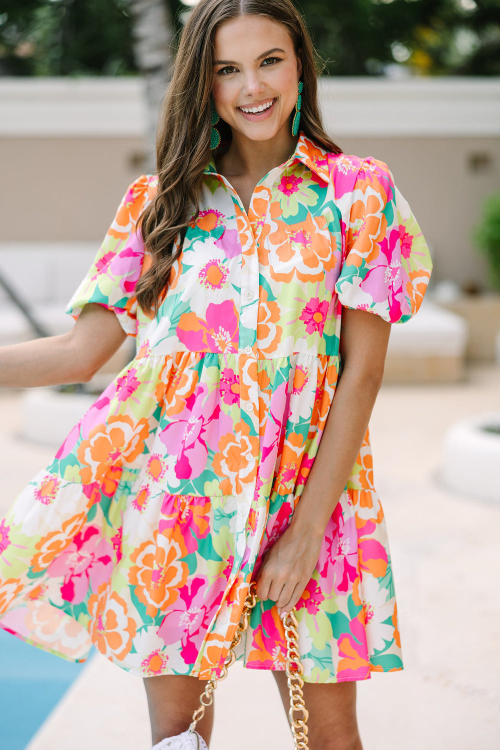 Green Floral Puff Sleeve Buttoned Babydoll Dress - Sluxe Fashions
