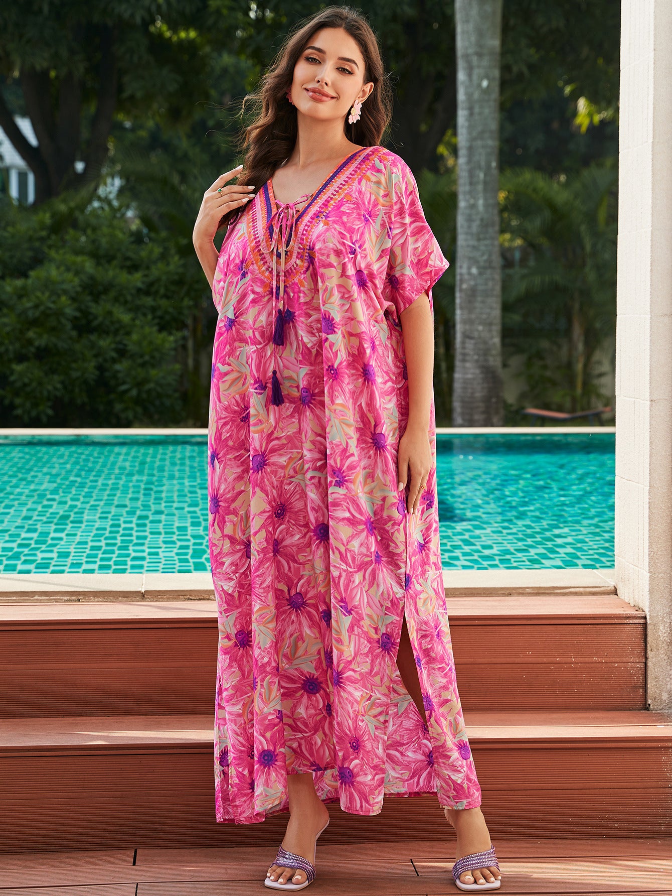 Rayon Rose Red Embroidered Beach Dress Outer Wear - Sluxe Fashions