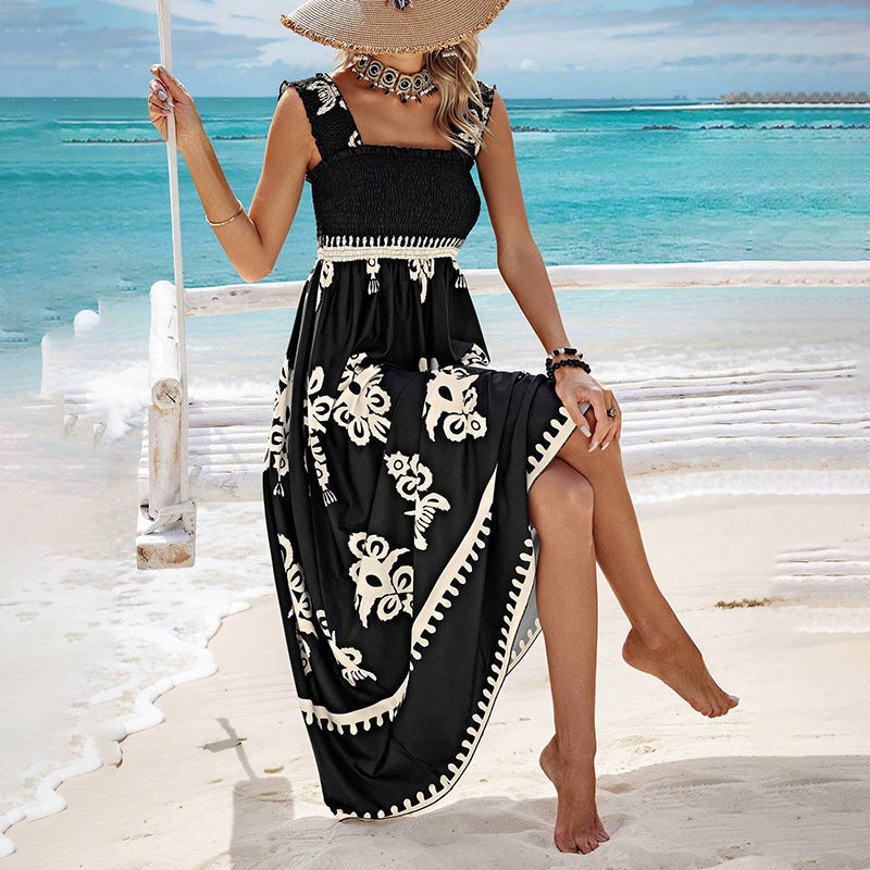 Women's Wide Strap Printed Maxi Dress With Bust Pleats, A-Line Vacation Dress - Sluxe Global