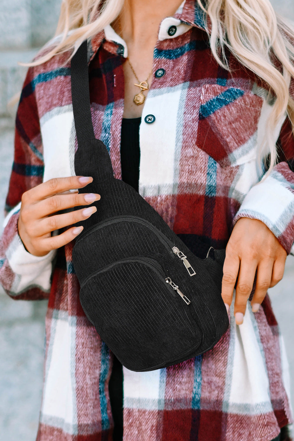 Black Casual Corduroy Zipper Crossbody Bag - Sluxe Fashions