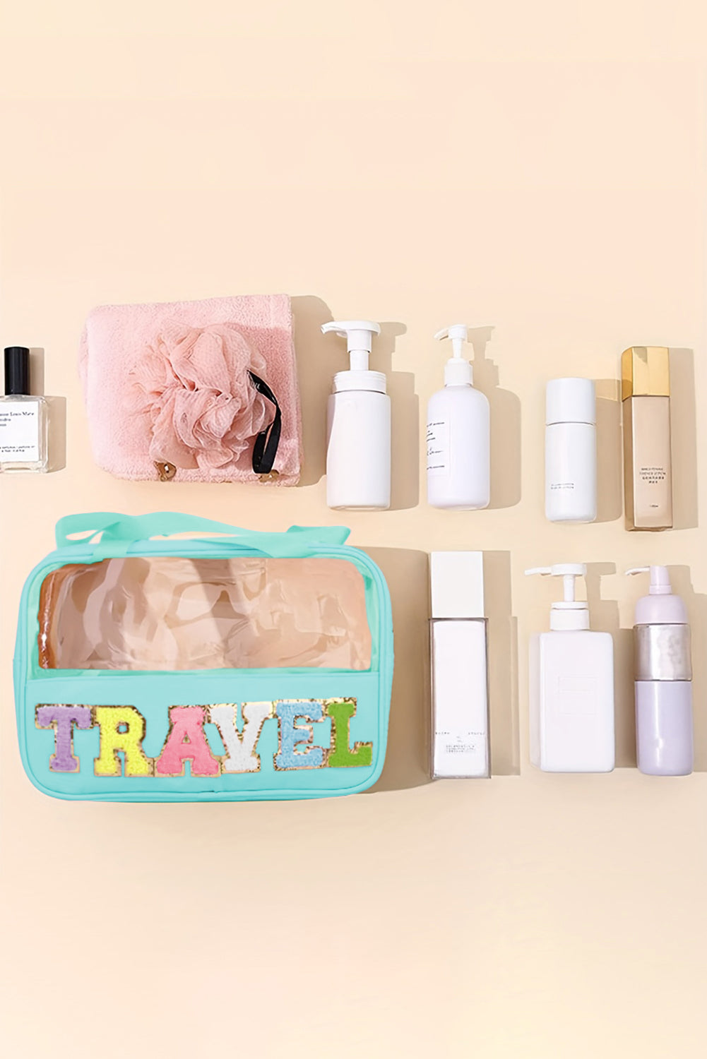 Black TRAVEL Chenille Letter Clear PVC Makeup Bag - Sluxe Fashions