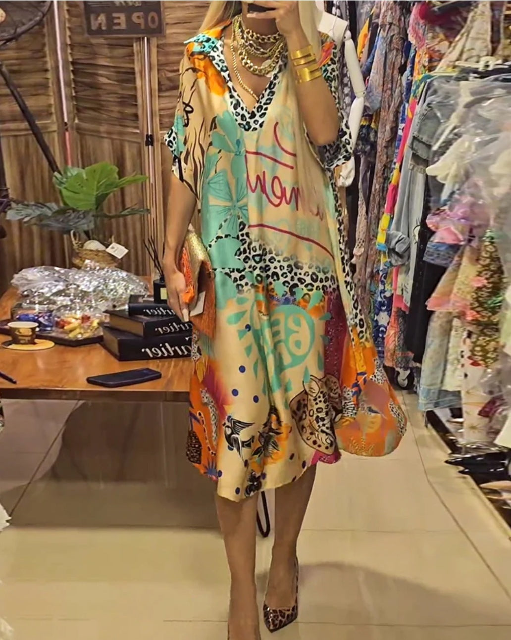 Color Printing Deep V Dress Women - Sluxe Global