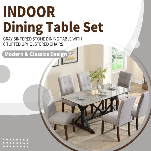 Modern Dining Table For 6-8, 7 Piece Kitchen Dining Table Set, Gray Sintered Stone Dining Table With 6 Tufted Upholstered Chairs, 63-inch Rectangle Dining Table For Dining Room - Sluxe Global