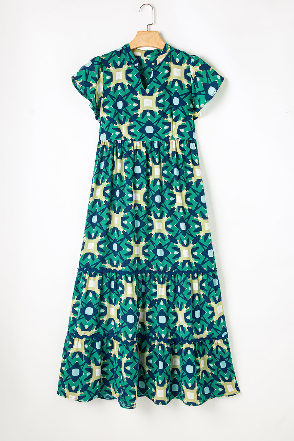 Sea Green Abstract Print Pleated Flounce Sleeve Maxi Dress - Sluxe Fashions