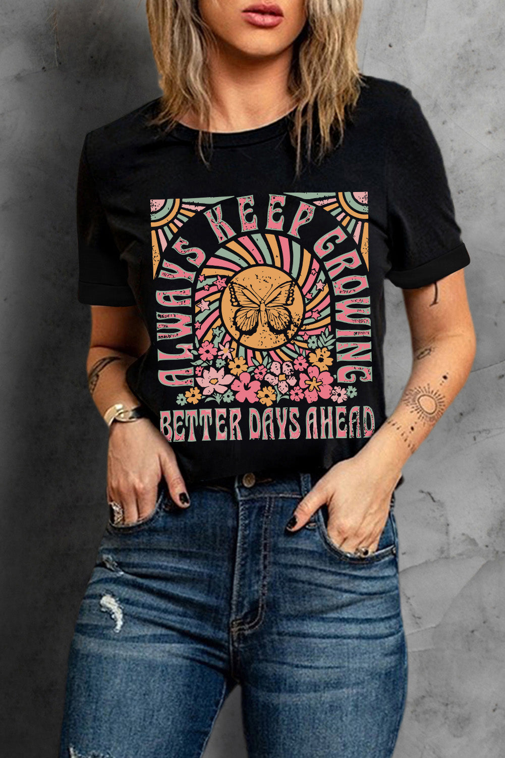 Black Always Keep Growing Butterfly Flower Graphic Tee - Sluxe Fashions