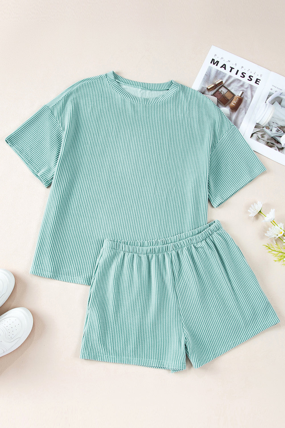 Orange Ribbed Textured Loose Fit Tee & Shorts Set - Sluxe Fashions