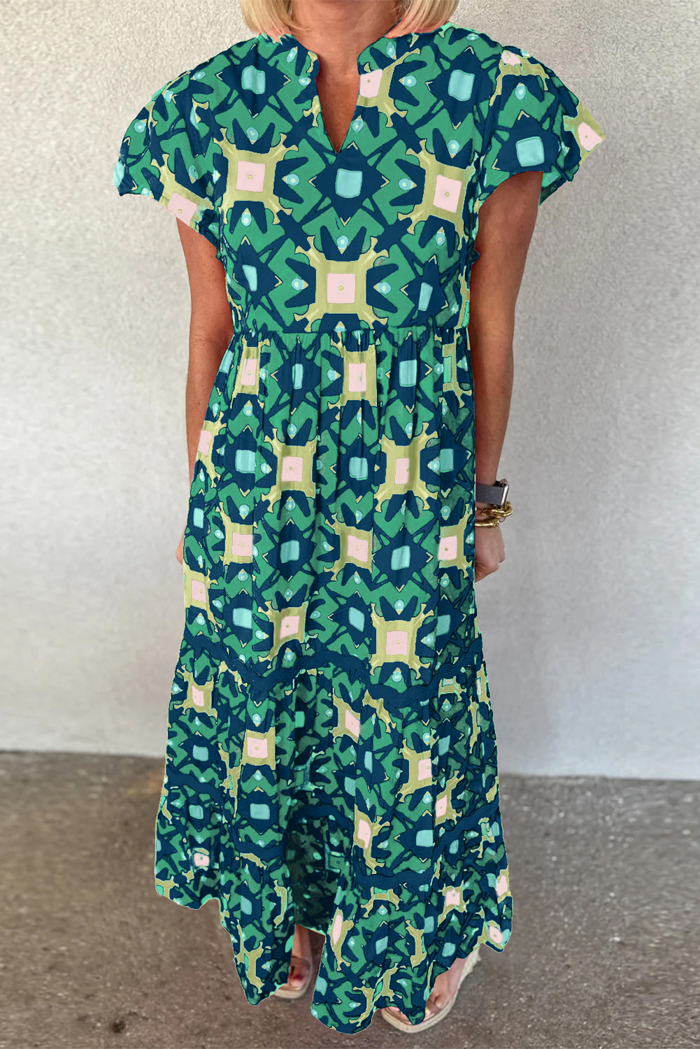 Sea Green Abstract Print Pleated Flounce Sleeve Maxi Dress - Sluxe Fashions