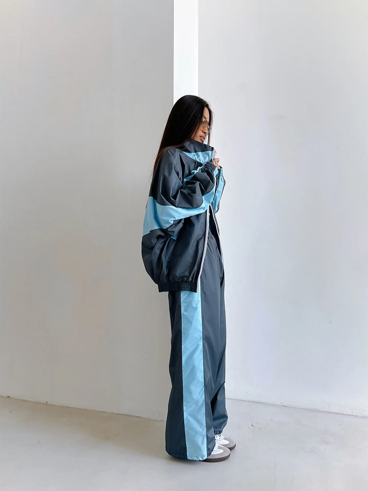 Casual Loose Color Matching Long Sleeve Zipper Cardigan Sports Suit - Sluxe Global