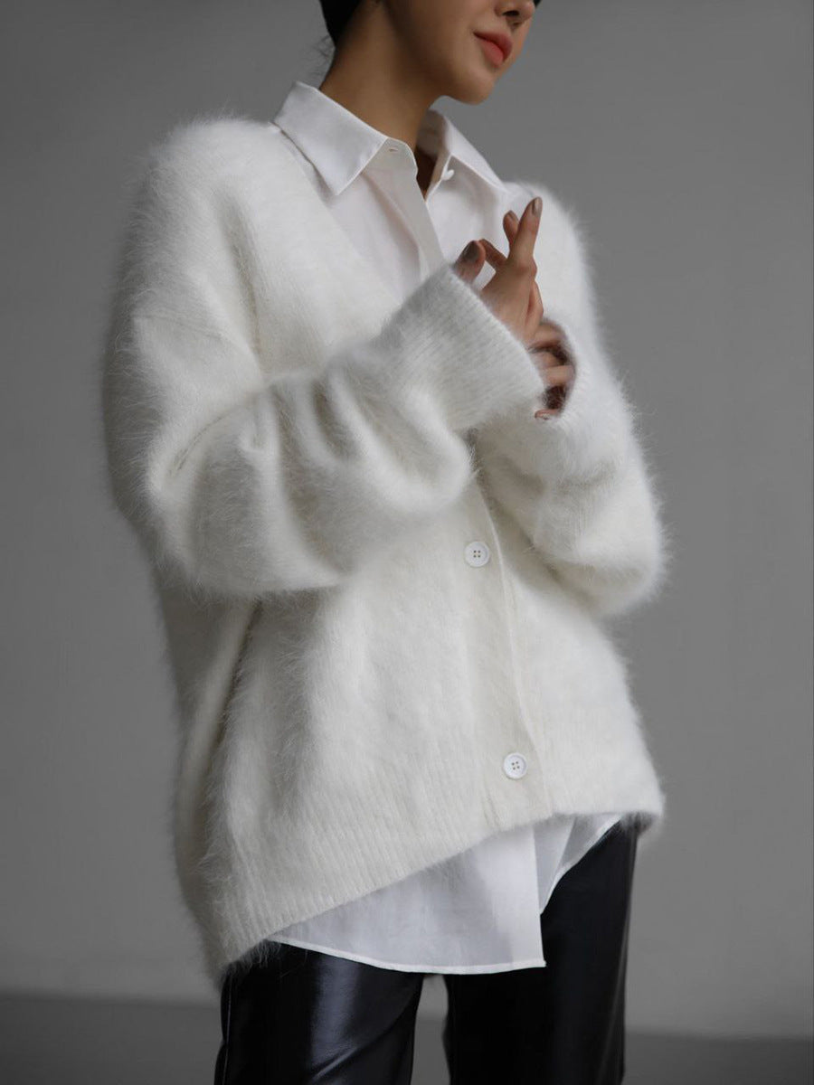 Loose V-neck Button Cardigan Fall Winter Fashion Single Breasted Knitted Sweater Top Women's Clothing - Sluxe Fashions