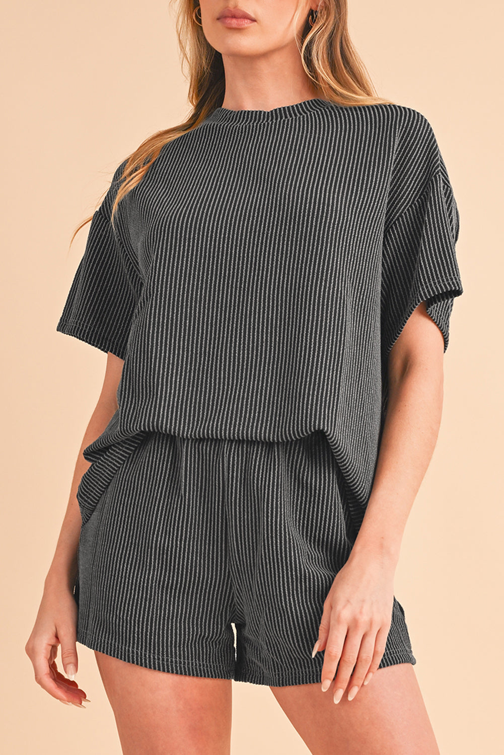 Orange Ribbed Textured Loose Fit Tee & Shorts Set - Sluxe Fashions