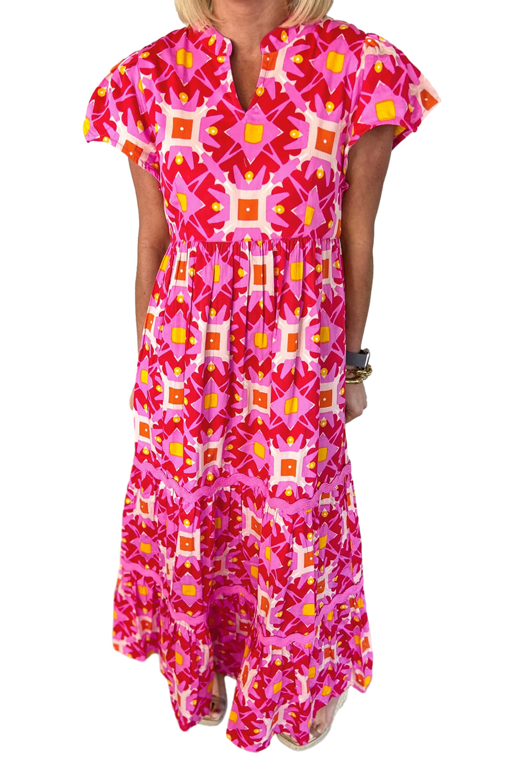 Sea Green Abstract Print Pleated Flounce Sleeve Maxi Dress - Sluxe Fashions