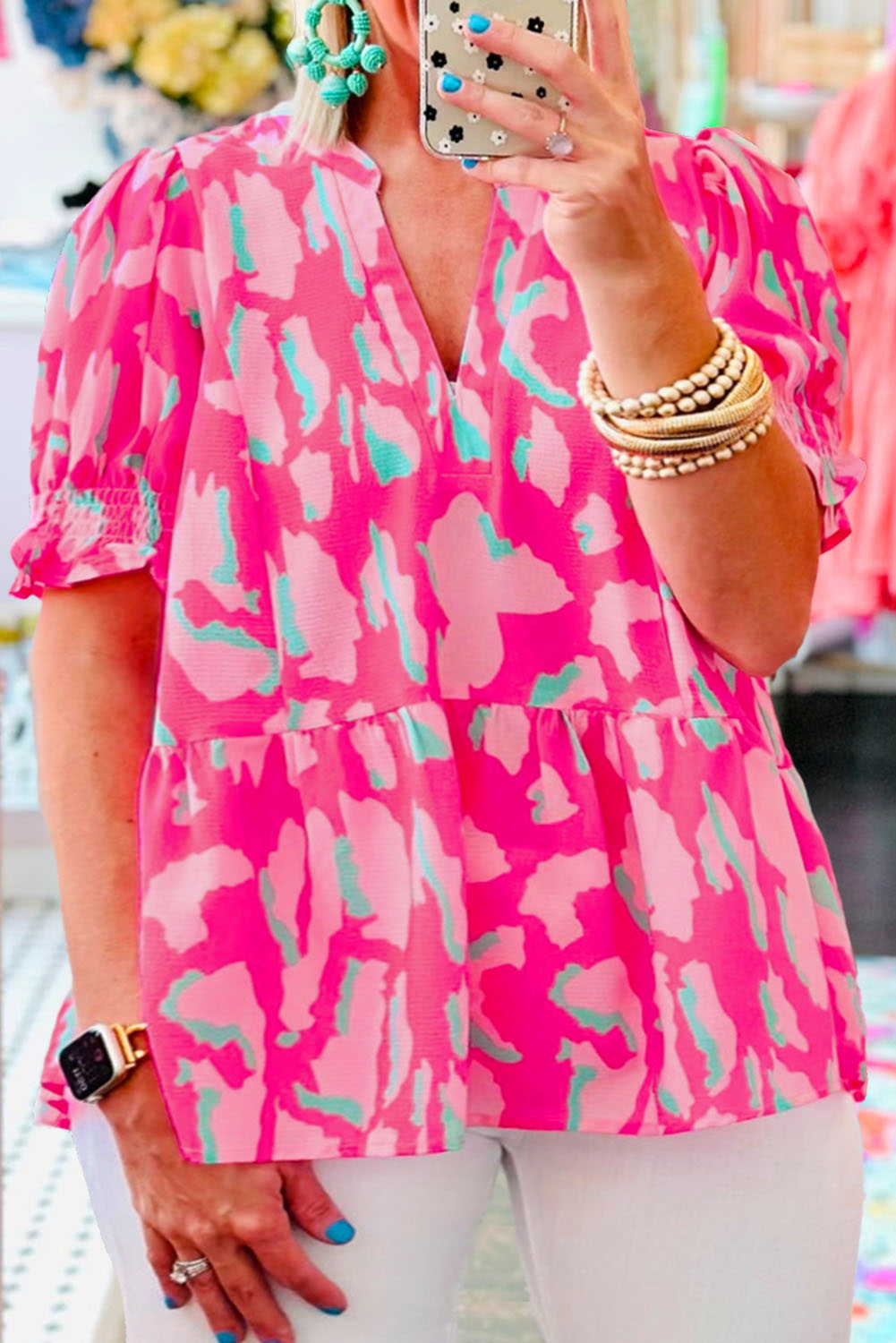 Rose Plus Size Abstract Print Puff Sleeve V Neck Blouse - Sluxe Fashions