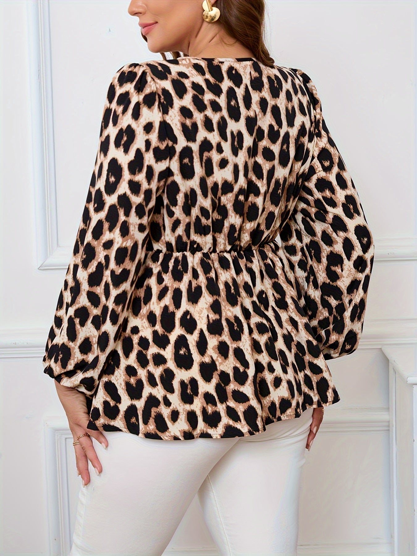 Women's Plus Size Leopard Print Tie-Up Blouse - Casual V-Neck Long Sleeve Spring Top - Sluxe Global