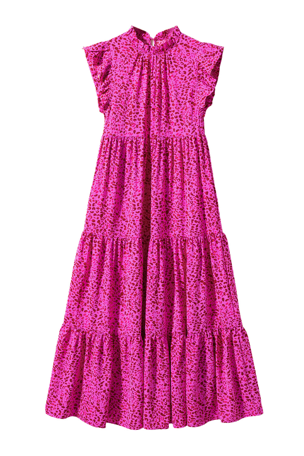 Rose Red Leopard Print Ruffle Sleeveless Maxi Dress - Sluxe Fashions