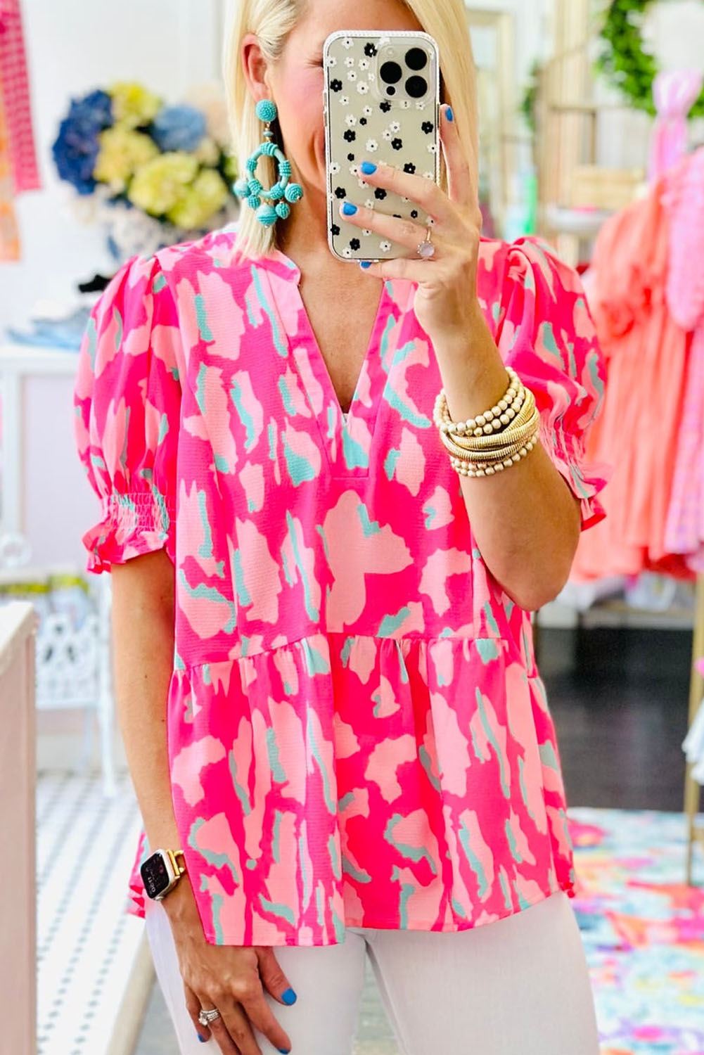 Rose Plus Size Abstract Print Puff Sleeve V Neck Blouse - Sluxe Fashions