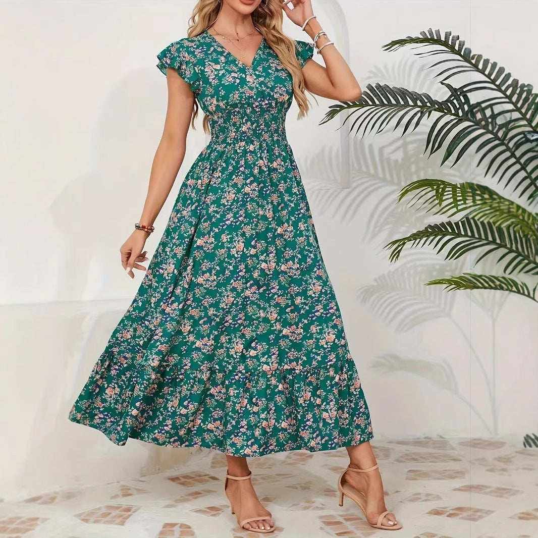 Fashion Floral Long Sleeve Waist Swing Dress - Sluxe Global