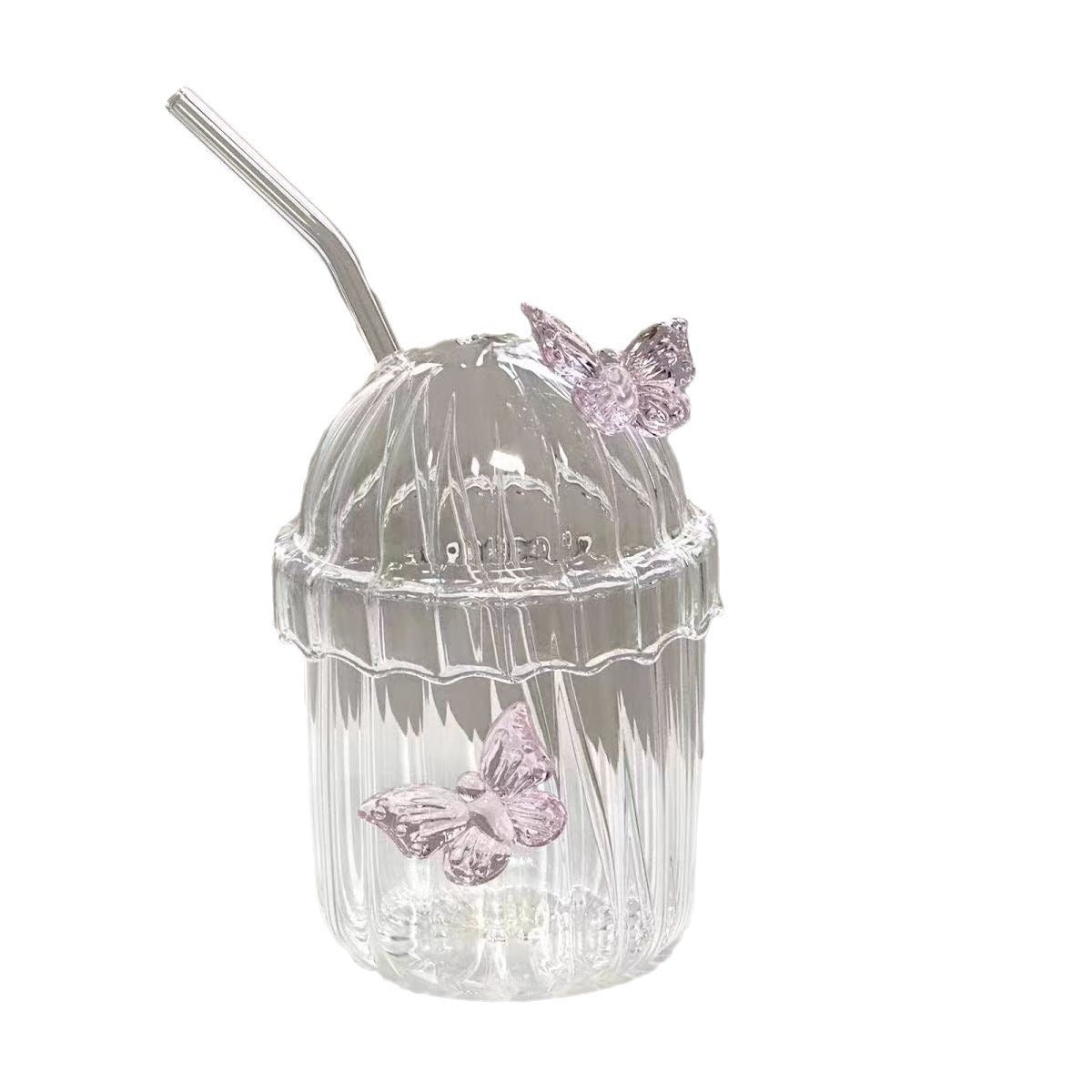 Vertical Straw Butterfly Cup With Straw Borosilicate Glass - Sluxe Fashions