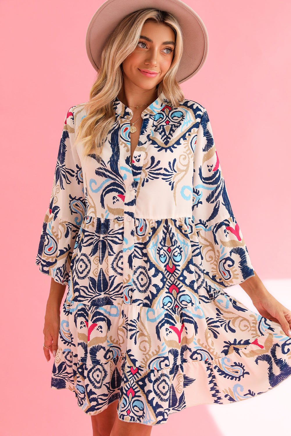 White Ethnic Print Boho Button Tiered Mini Dress - Sluxe Fashions