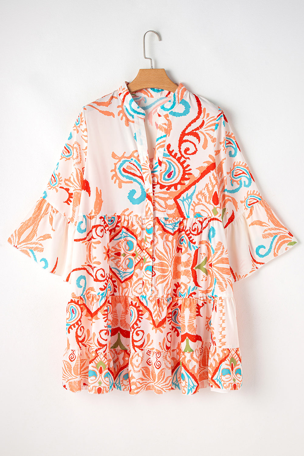 White Ethnic Print Boho Button Tiered Mini Dress - Sluxe Fashions