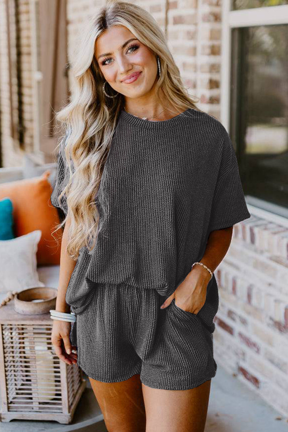 Orange Ribbed Textured Loose Fit Tee & Shorts Set - Sluxe Fashions