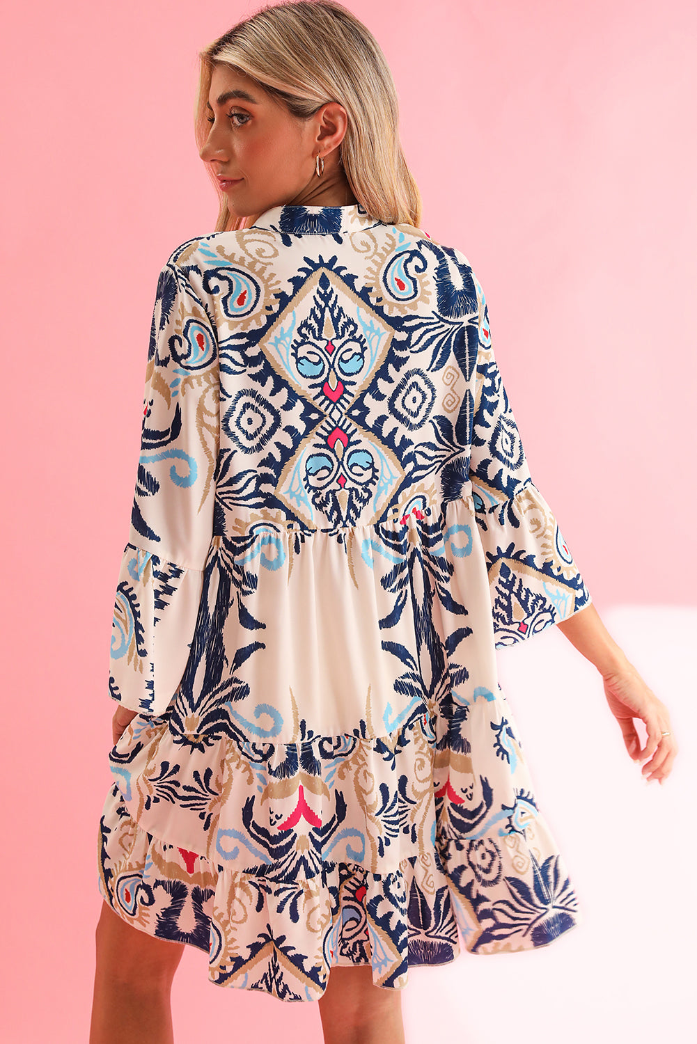 White Ethnic Print Boho Button Tiered Mini Dress - Sluxe Fashions