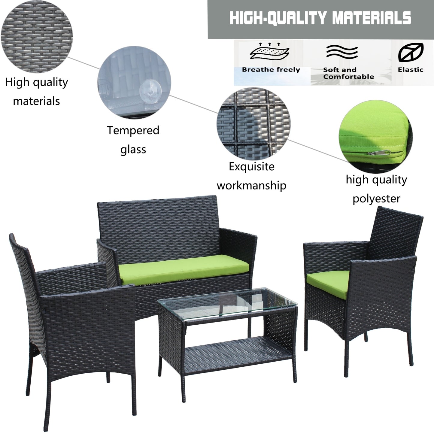 4PC Rattan Patio Furniture Set Outdoor Wicker Sofa W Green Cushions - Sluxe Fashions
