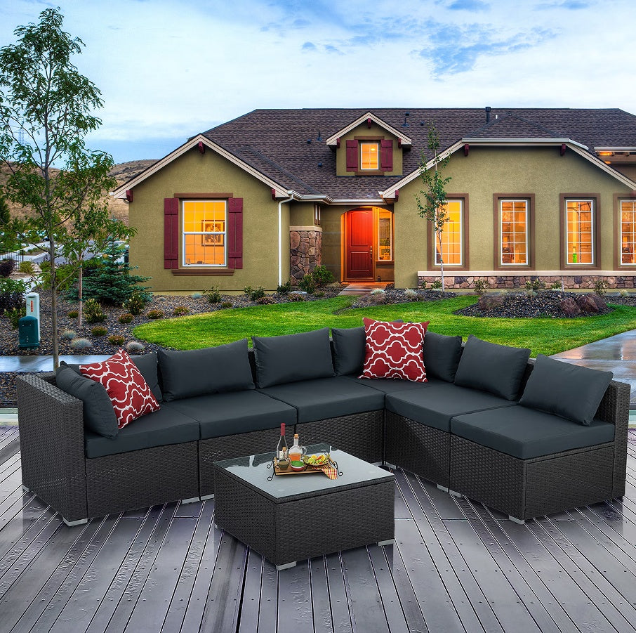 Patio Furniture, Outdoor Furniture, Seasonal PE Wicker Furniture, 7 Set Wicker Furniture With Tempered Glass Coffee Table - Sluxe Fashions