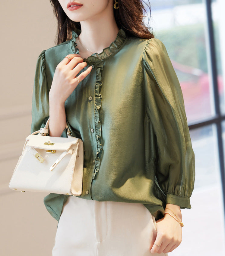 Nine-quarter Sleeve Shirt Women's Puff Sleeve Thin Solid Color Top - Sluxe Global